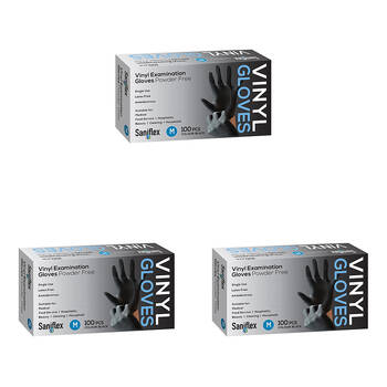 3x 100pc Saniflex Black Vinyl Examination Latex Powder Free Gloves- Size M