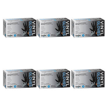 6x 100pc Saniflex Black Vinyl Examination Latex Powder Free Gloves- Size M