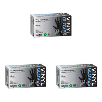3x 100pc Saniflex Black Vinyl Examination Latex Powder Free Gloves- Size S