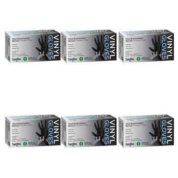 6x 100pc Saniflex Black Vinyl Examination Latex Powder Free Gloves- Size S