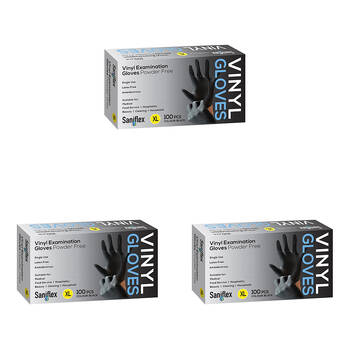 3x 100pc Saniflex Black Vinyl Examination Latex Powder Free Gloves- Size XL