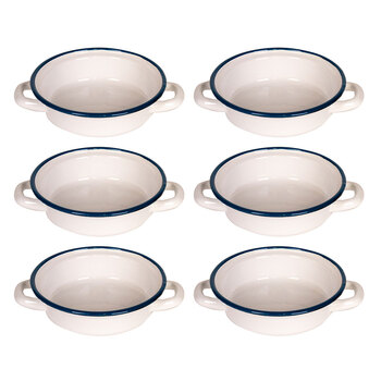 6x Urban Style Enamelware 14x6.3cm Ragout Plate w/ Handles w/ Blue Rim White