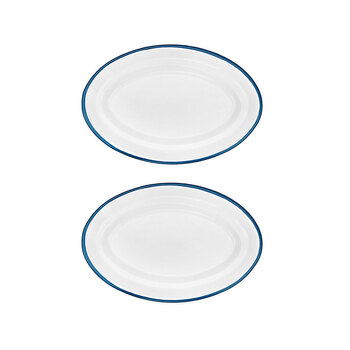 2x Urban Style Enamelware 30cm Oval Tray w/ Blue Rim - White