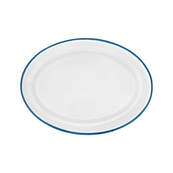 Urban Style Enamelware 40cm Oval Tray w/ Blue Rim - White