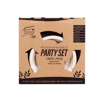 140pc Eco Basics Biodegradable Party Set Spoon/Plate/Fork Cutlery