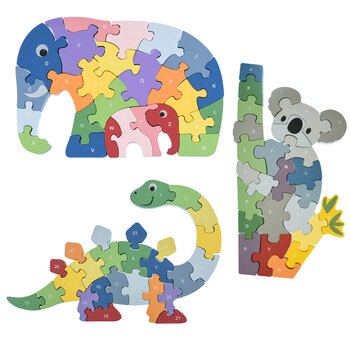 3pc Kaper Kidz Koala/Elephant/Dinosaur A-Z Chunky Jigsaw Puzzle Set 3y+