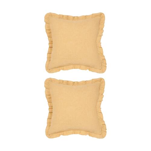 2PK Linen House Lucy Saffron Yellow Cushion Textured Check Ruffled Edge 48x48cm
