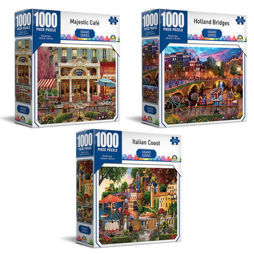 3x 1000pc Crown Holland Bridges/Majestic Cafe/Italian Coast Grand Series Puzzles