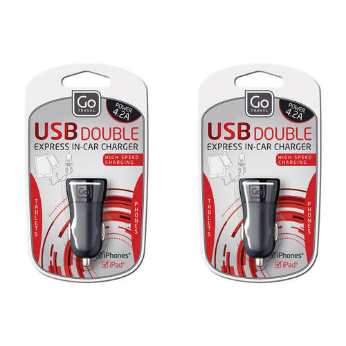 2PK Go Travel USB Double Car Charger - Black