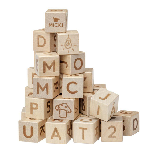 36pc Micki Premium Wooden Letter & Number Building Blocks Kids 12m+