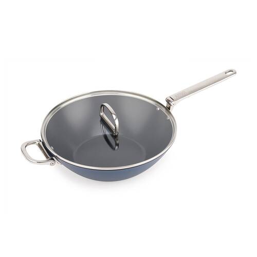 Joseph Joseph Space 32cm Non-Stick Induction Wok W/ Glass Lid Midnight Blue