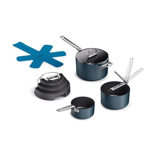 3pc Joseph Joseph Space Stack Non-Stick Cookware Set W/ Foldable Handle Blue