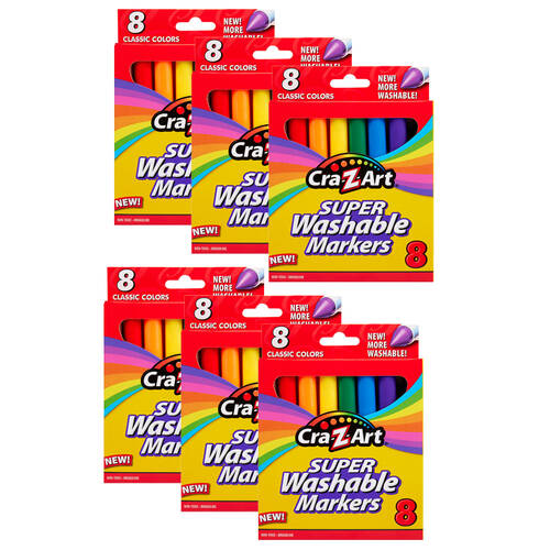 6PK Cra-Z-Art Stationery 8 Bold Coloured Super Washable Kids Drawing Markers 3y+