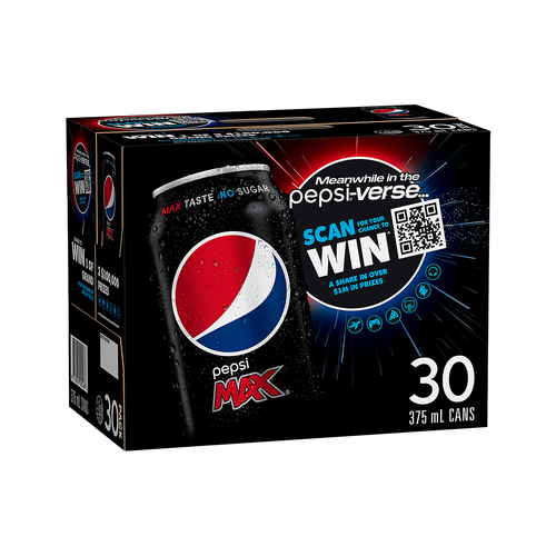 30pc Pepsi Max Cola Flavoured Zero Sugar Soft Drink Cans 375ml