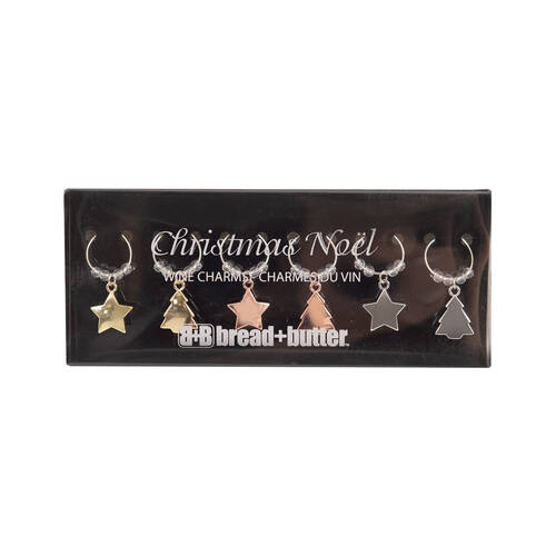 6pc Bread and Butter Alloy/Steel Star/Tree Wine Glass Charms Set