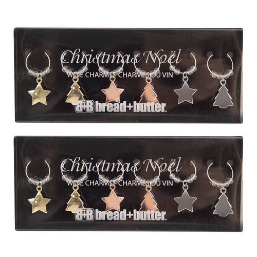 2x 6pc Bread and Butter Alloy/Steel Star/Tree Wine Glass Charms Set