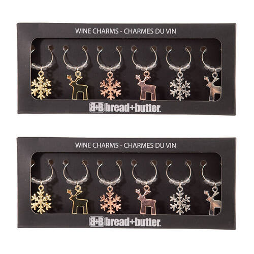 2x 6pc Bread and Butter Alloy/Steel Snowflake/Reindeer Wine Glass Charms Set