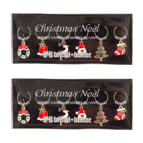 2x 6pc Bread and Butter Alloy/Steel Various Christmas Mix Wine Glass Charm Set