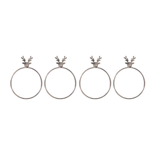 4pc Bread and Butter Alloy Stag Head Napkin Rings - Silver