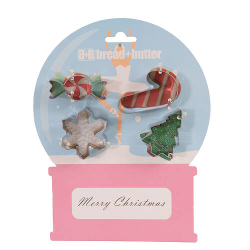 4pc Bread and Butter Stainless Cookie Cutter Snowglobe/Card/Tree/Candy Cane