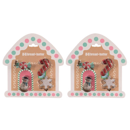 2x 4pc Bread and Butter Stainless Cookie Cutter House/Snowman/Snowflake/Cane