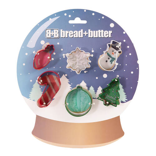 6pc Bread and Butter Cookie Cutter Globe/Flake/SnowMan/Cane/Sock/Tree