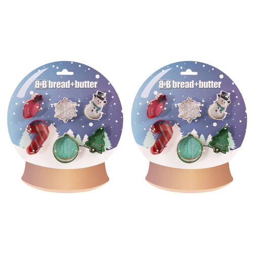2x 6pc Bread and Butter Cookie Cutter Globe/Flake/SnowMan/Cane/Sock/Tree