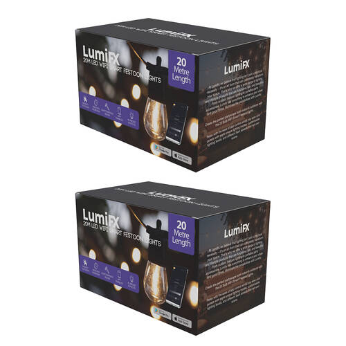 2PK LumiFX 50 Bulb LED WIFI Smart Indoor/Outdoor Festoon Lights 20m Warm White 