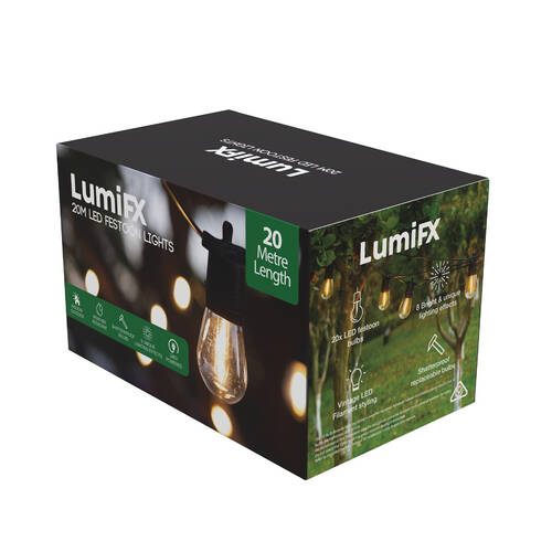 LumiFX 20 Bulb Indoor/Outdoor Festoon Lights 8 Lighting Effects 20m Warm White 