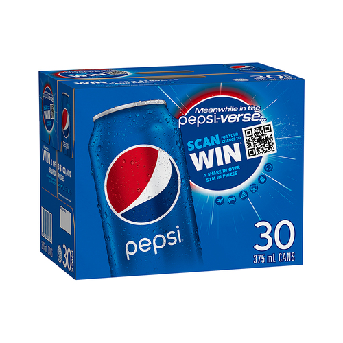 30pc Pepsi Cola Flavoured Soft Drink Cans Sparkling 375ml