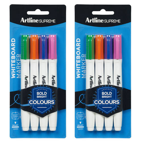 2x 4pc Artline Supreme Whiteboard Markers - Assorted Bright