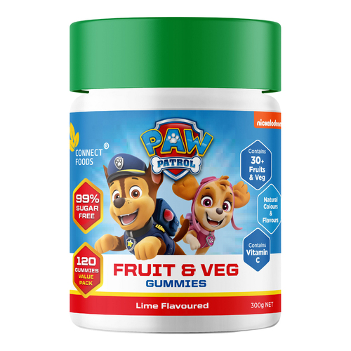 120pc Connect Foods Paw Patrol Gummies Fruit & Veg Lime Flavoured 300g