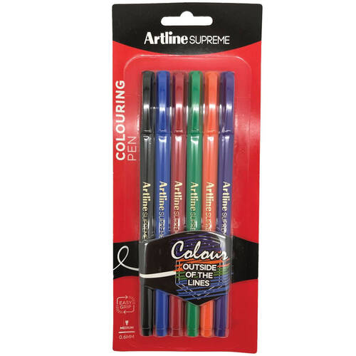 6pc Artline Supreme 0.6mm Colouring Pens - Assorted Colours