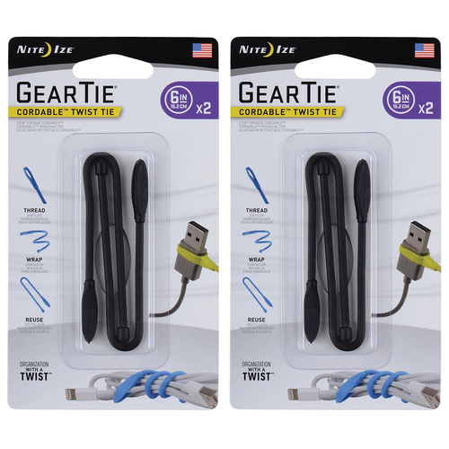 2x 2pc Nite Ize 6in Rubber Gear Tie Reusable Cordable Twist Organiser - Black