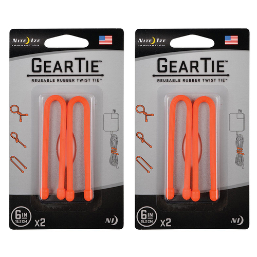 2x 2pc Nite Ize Gear Tie 6in Reusable Rubber Twist Organiser - Orange