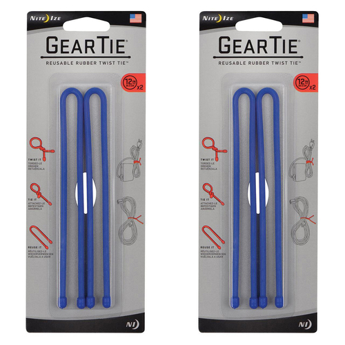 2x 2pc Nite Ize Gear Tie 12in Reusable Rubber Twist Organiser - Blue