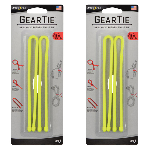 2x 2pc Nite Ize Gear Tie 12in Reusable Rubber Twist Organiser - Yellow