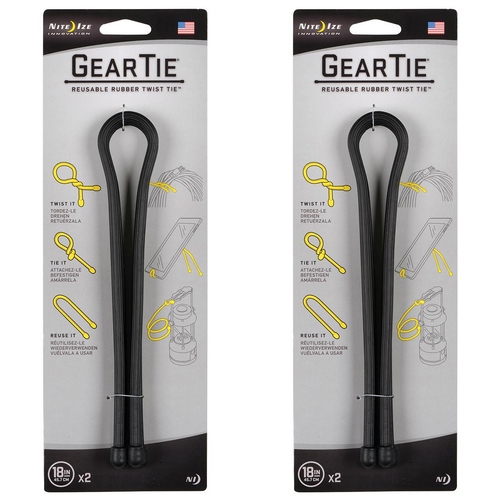 2x 2pc Nite Ize Gear Tie 18in Reusable Rubber Twist Organiser - Black