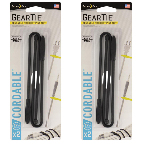 2x 2pc Nite Ize 12in Gear Tie Cordable Rubber Twist Organiser - Black