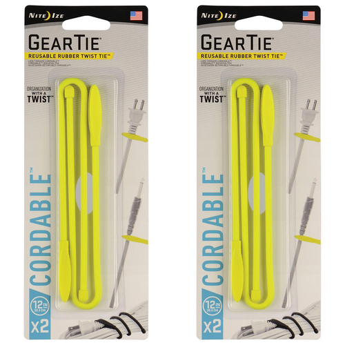 2x 2pc Nite Ize 12in Rubber Gear Tie Reusable Cordable Twist Organiser Yellow