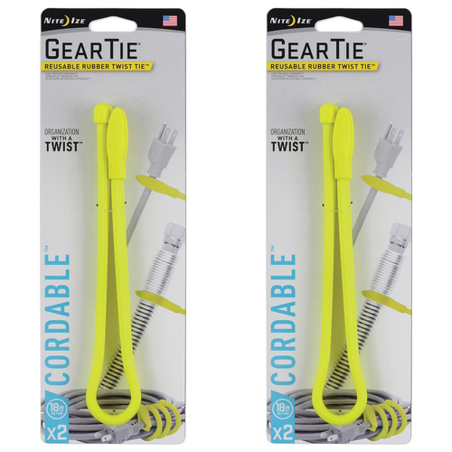 2x 2pc Nite Ize 18in Gear Tie Reusable Cordable Twist Organiser Neon Yellow