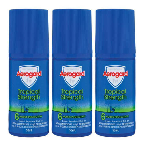 3PK Aerogard 50ml Tropical Strength Insect Repellent Roll-On