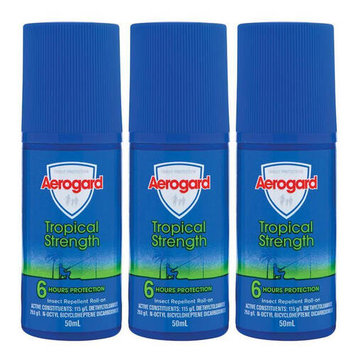 3PK Aerogard 50ml Tropical Strength Insect Repellent Roll-On