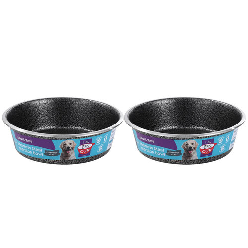2x Paws & Claws Pet/Dog 21cm/1.5L Stainless Steel Bowl Speckled Gunmetal