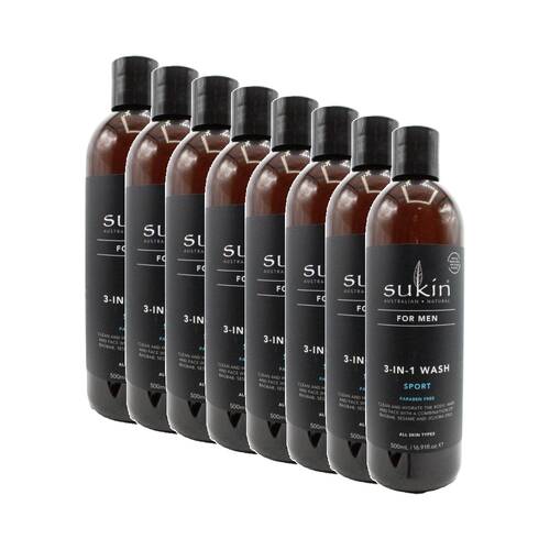 8PK Sukin 3-In-1 Wash Natural Paraben Free For Men Australian Made 500ml Sport