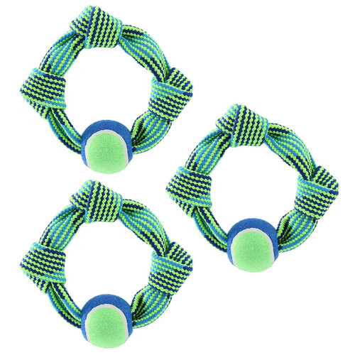 3PK Paws & Claws Tug-Of-War Squeaky Rope Ring W/ Tennis Ball 25cm Blue/Green