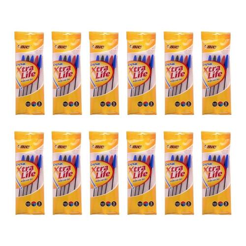 12PK 5pc BIC Cristal Xtra Life Ballpoint 1mm Writing Ballpen School Stationery