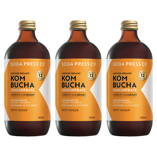 3PK Soda Press Co Organic Kombucha Zesty Ginger Syrup 500ml For SodaStream