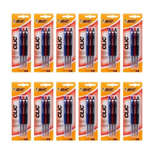 12x 3pc BIC Clic Retractable Ballpoint Pen Writing Ballpen School Stationery