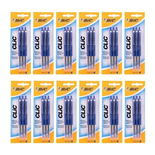 12PK 3pc BIC Clic Medium Ballpoint 1mm Writing Ballpen Blue School Stationery